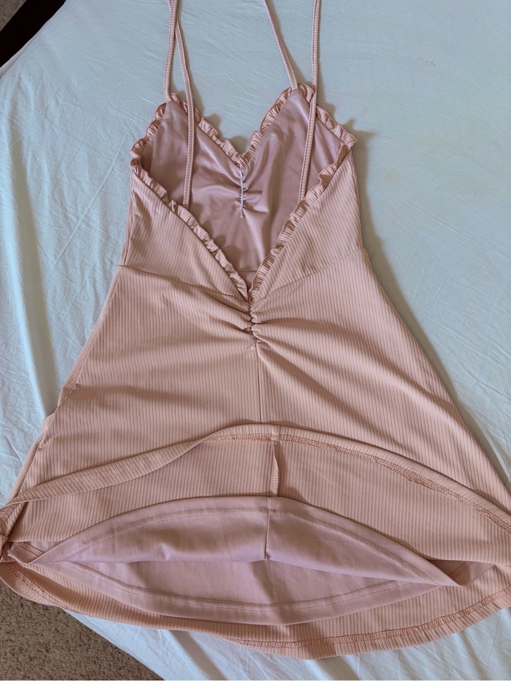 Showpo Blush Pink Ribbed Halter Ruffle Mini Dress - Picture 2 of 5